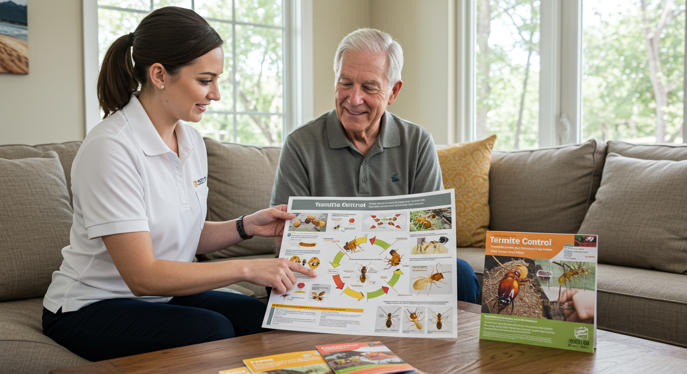 A pest control expert discussing termite control options with a homeowner, with visual aids like brochures and diagrams.
