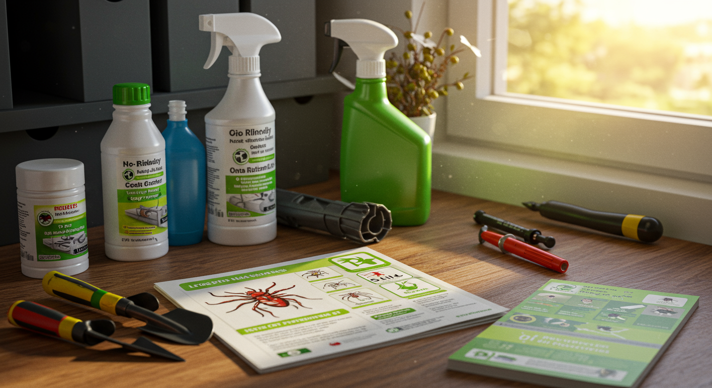 A well-organized workspace featuring eco-friendly pest control products, tools, and a guidebook, with a window showing a sunny day outside, symbolizing the ideal time for pest prevention.