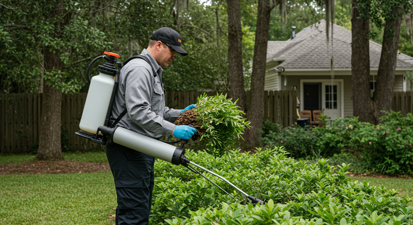 A professional pest control technician in uniform applying eco-friendly pest control treatment in a residential backyard in Savannah, GA.