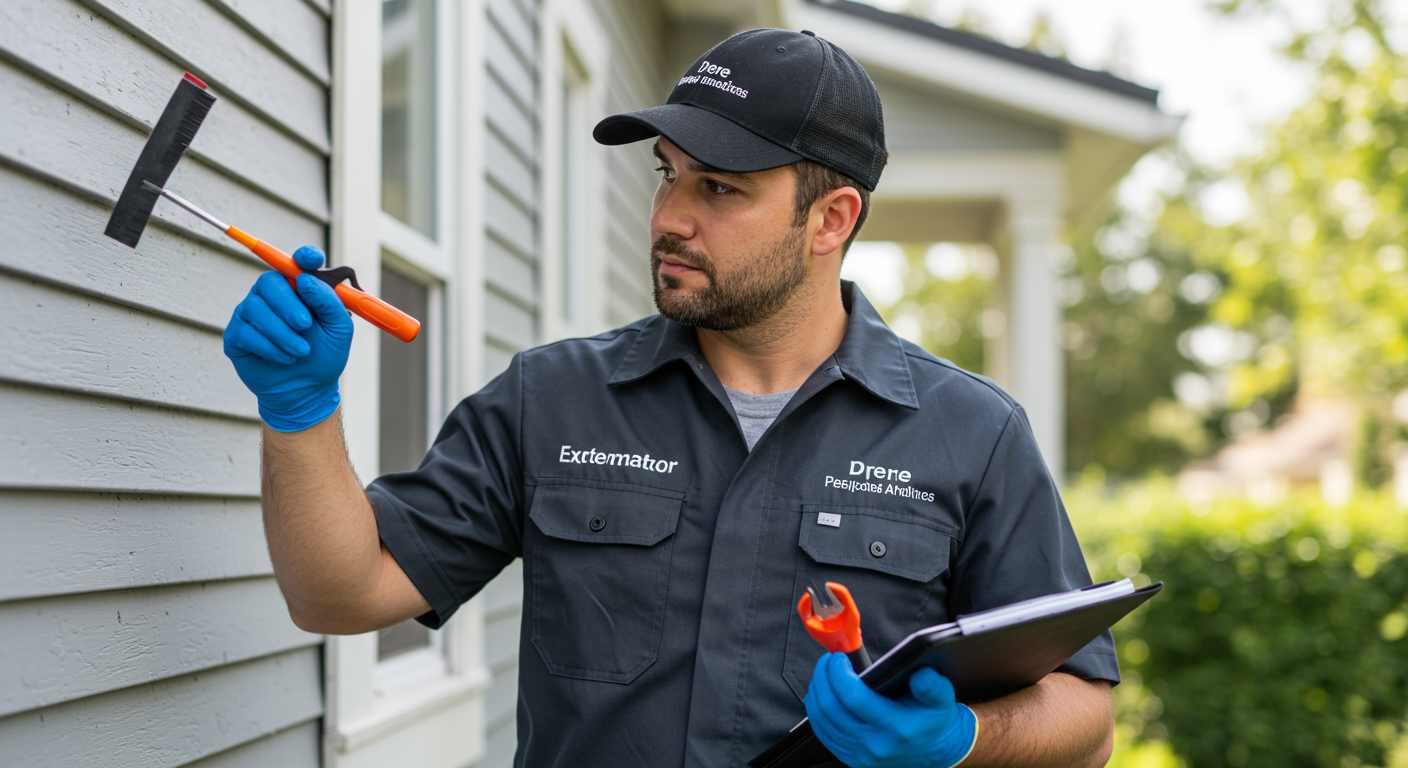 A professional exterminator in uniform inspecting a home’s exterior for signs of pests, with a focus on the technician's attentive expression and tools in hand.