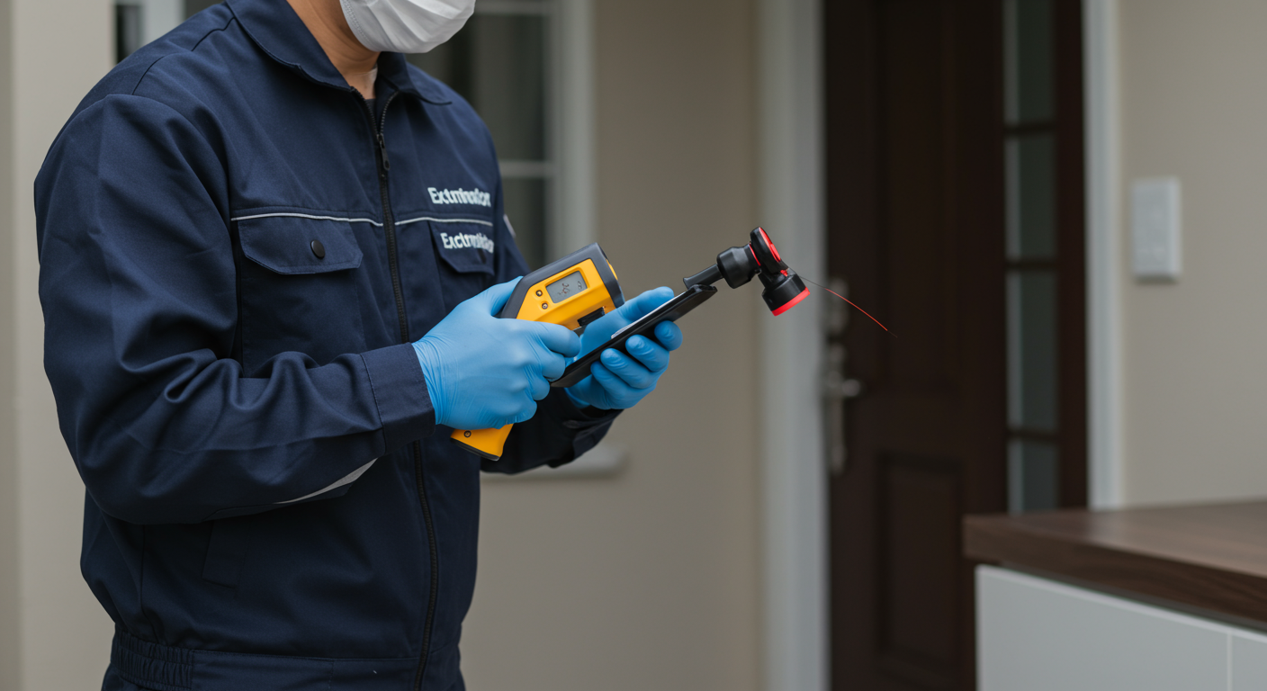 A professional exterminator in uniform, inspecting a residential property for pest infestations. The focus is on the exterminator using a high-tech device to detect pests.