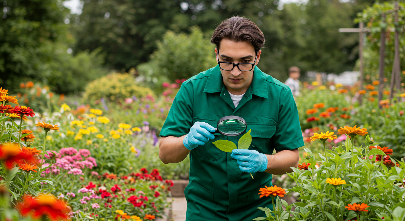 A professional garden exterminator in a green uniform, carefully inspecting a vibrant garden filled with flowers and plants. The exterminator is using a magnifying glass to examine a leaf for pests.