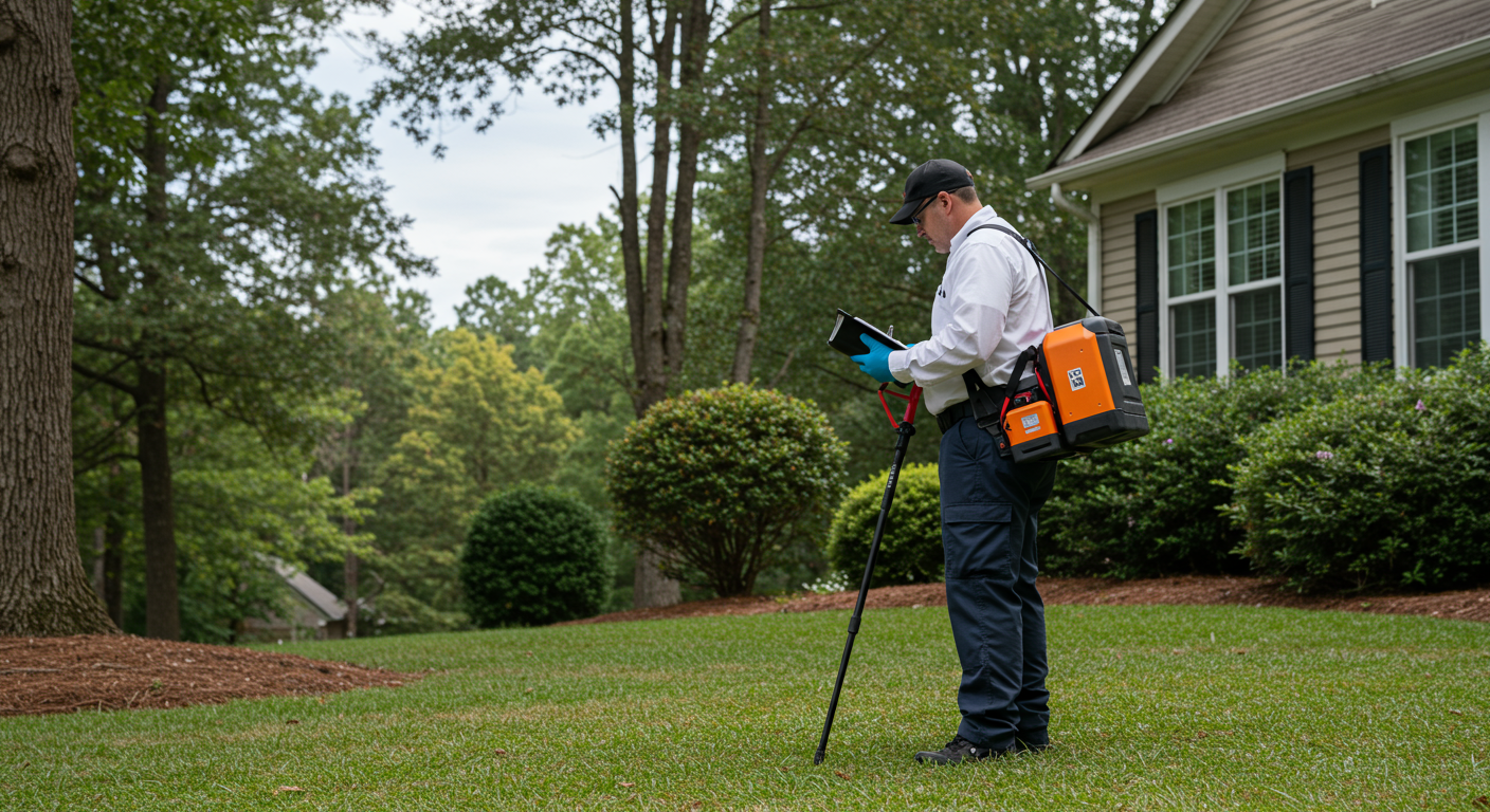 A professional pest control technician inspecting a residential property in Alpharetta, GA, using modern equipment. The background features a well-maintained garden and a clear blue sky, emphasizing a safe and pest-free environment.