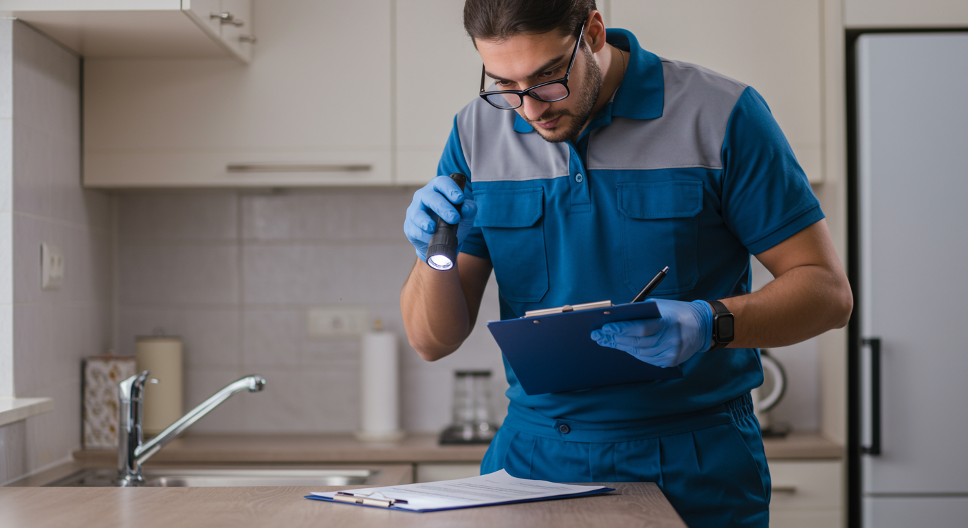 A professional pest control technician in uniform inspecting a kitchen for signs of cockroaches. The technician is using a flashlight and clipboard, showcasing a thorough inspection process.