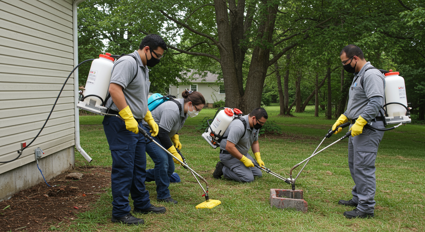 A pest control team working together outdoors, applying treatment around the foundation of a house. The team is engaged and focused, showcasing teamwork in pest management.