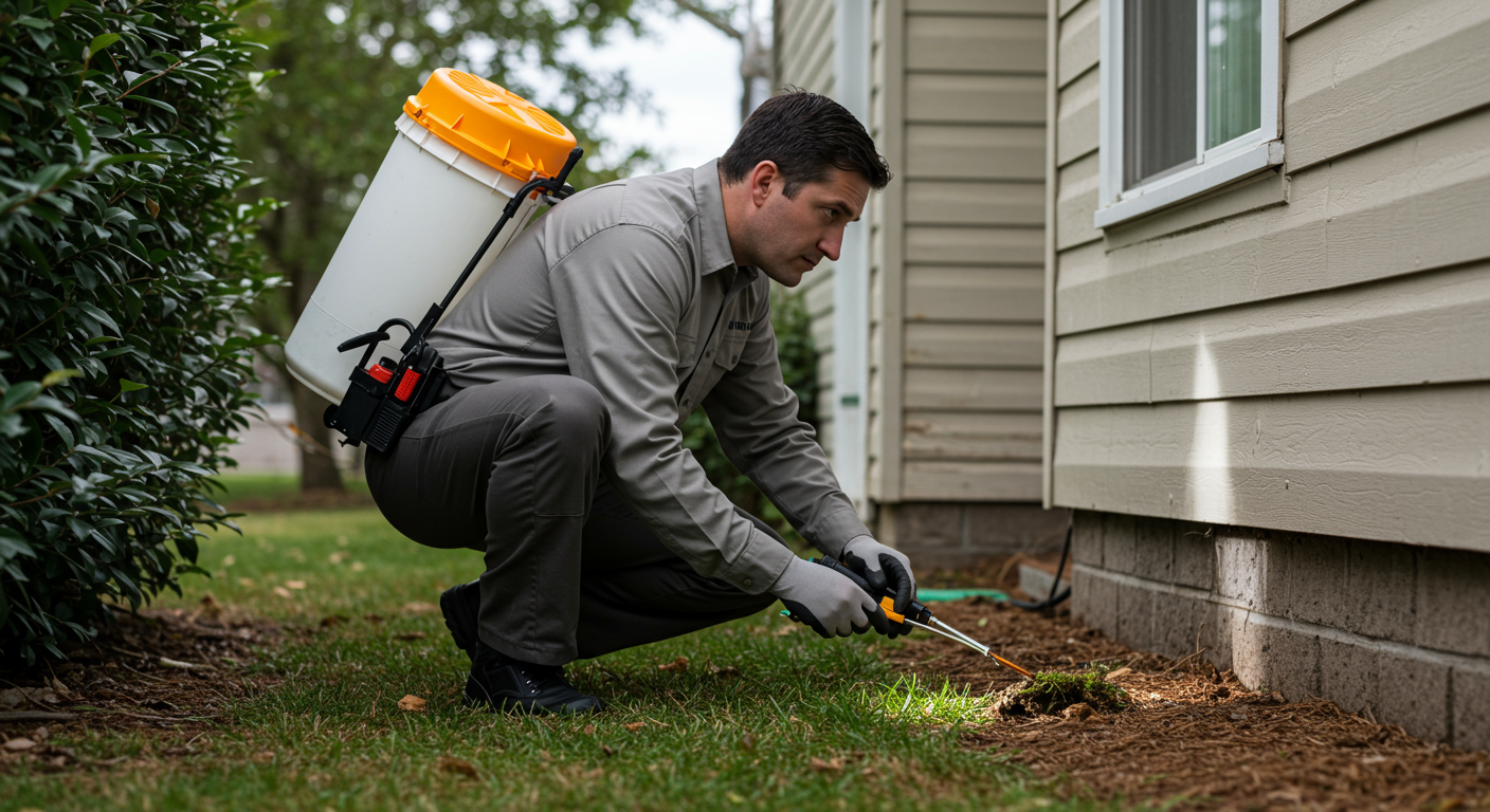 A professional pest control technician inspecting a home for termites