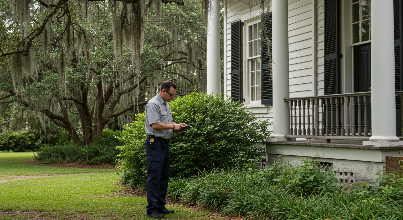 A professional pest control technician in uniform inspecting the exterior of a charming Savannah home with traditional architecture, surrounded by lush greenery and Spanish moss.