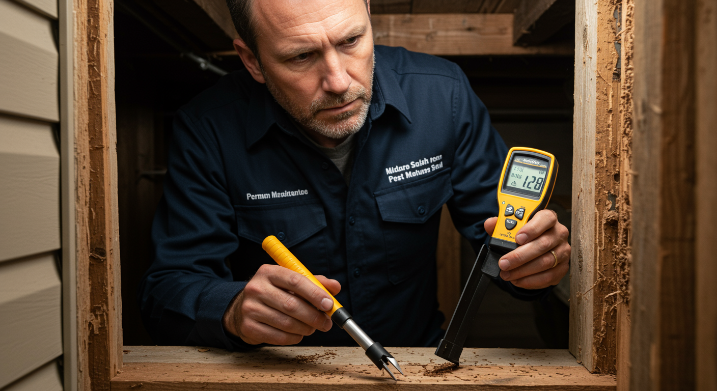 A professional pest control technician inspecting a home for termites, with a focus on the technician using specialized tools.