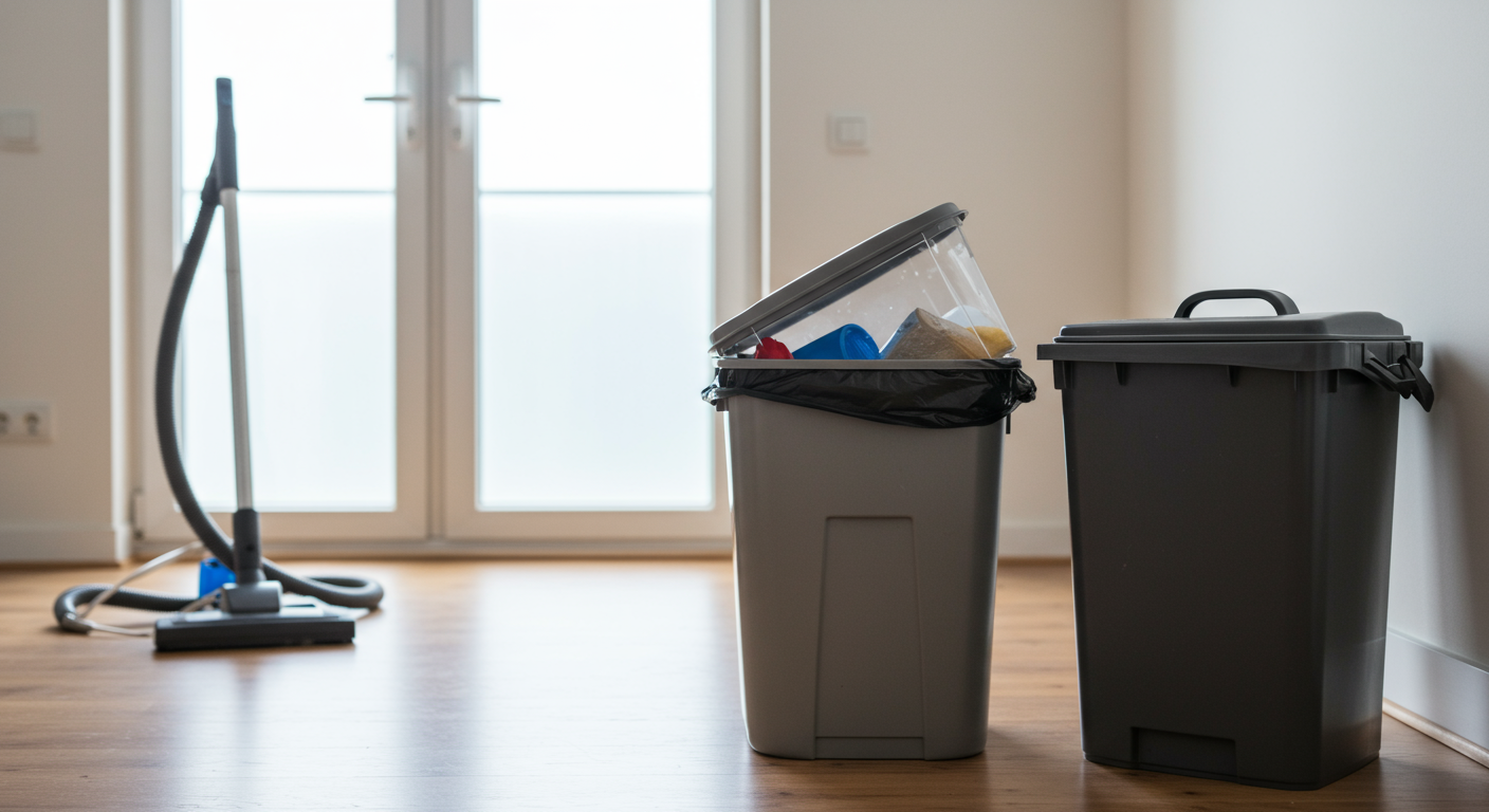 A bright and tidy living room with no visible clutter, featuring a vacuum cleaner in the corner and a trash bin with a closed lid.