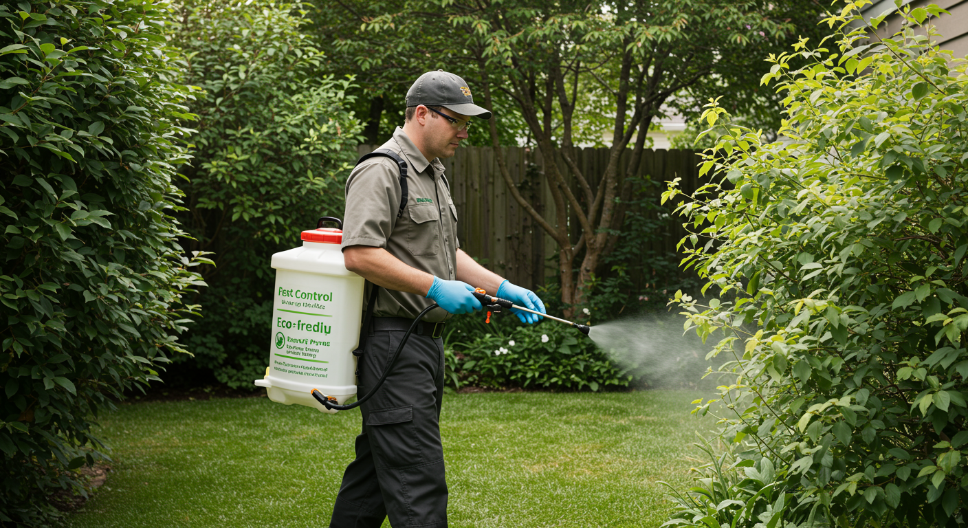 A pest control technician applying eco-friendly treatment in a residential backyard, surrounded by lush greenery.