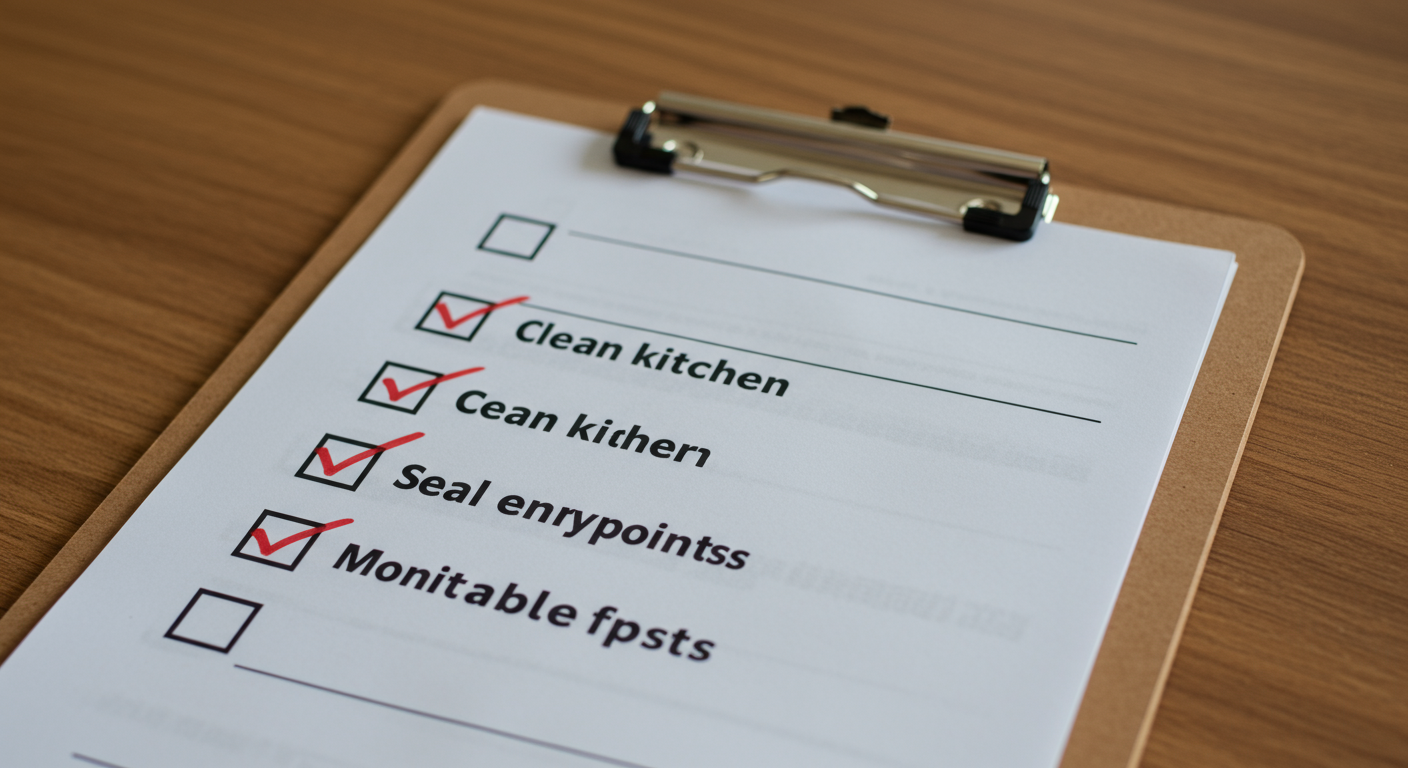 A close-up of a checklist on a clipboard with items like 'Clean kitchen,' 'Seal entry points,' and 'Monitor for pests' checked off, symbolizing actionable steps after cockroach treatment.
