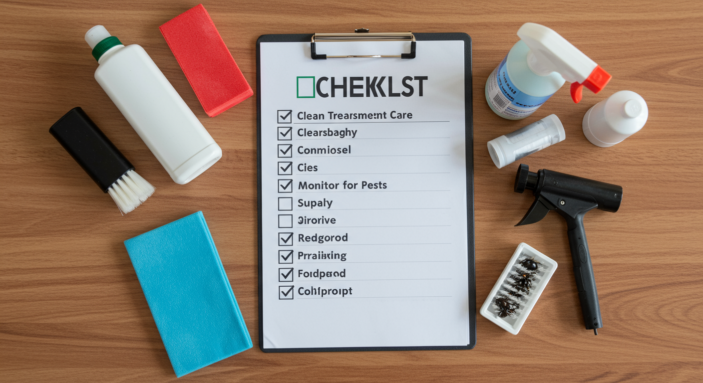 A visual representation of a checklist on a table with items like 'Clean thoroughly,' 'Monitor for pests,' and 'Call for follow-up.' The checklist is accompanied by cleaning supplies and pest control tools, reinforcing the steps for post-treatment care.