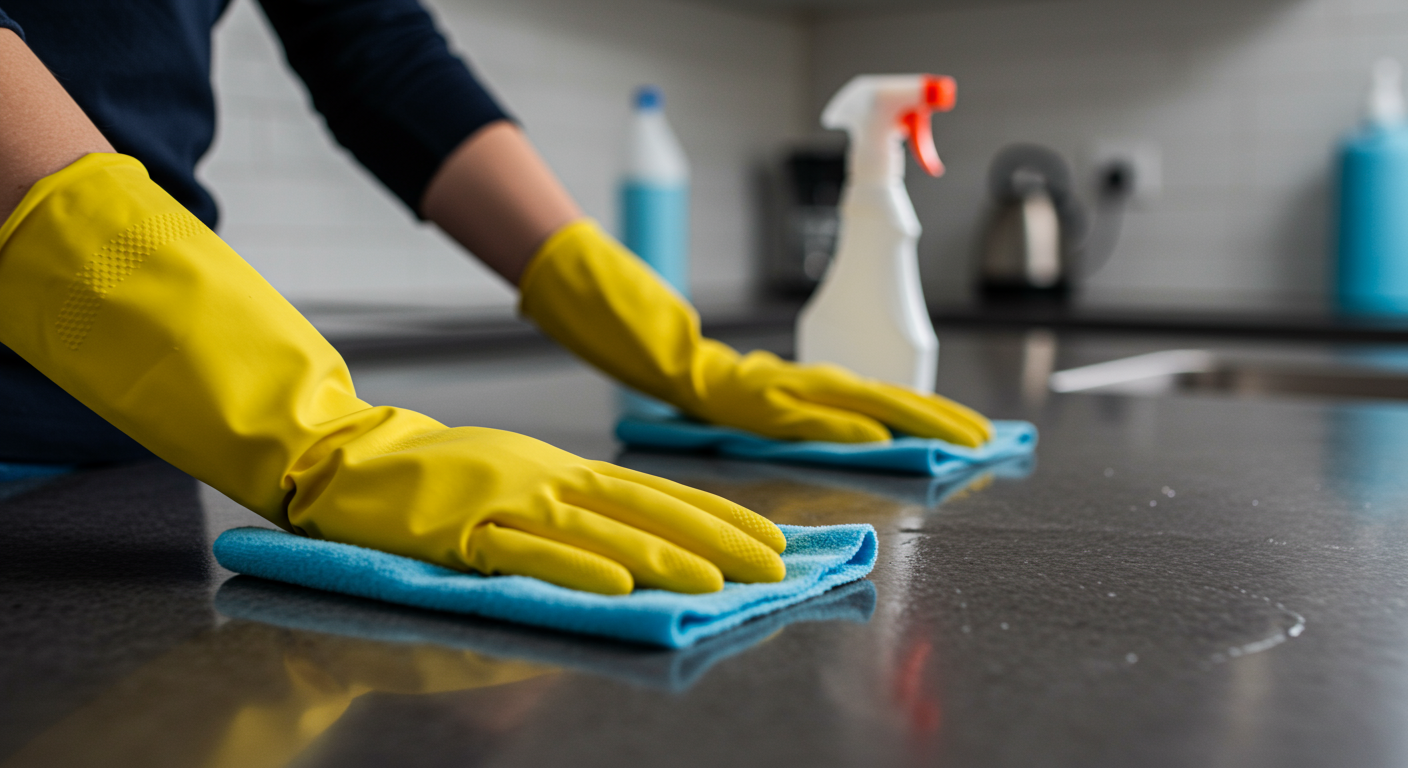 A clean and modern kitchen with a person wearing gloves wiping down countertops. The focus is on cleanliness and hygiene, with cleaning supplies like sprays and cloths visible in the frame.