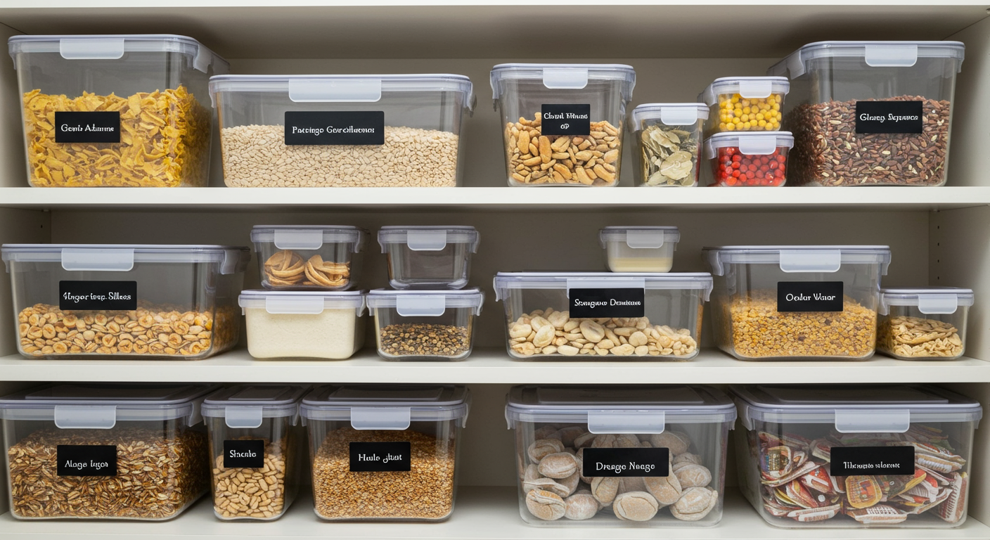 A neatly organized pantry with sealed glass and plastic food containers. The containers are labeled, and there are no open food items. The shelves are clean and free of clutter, emphasizing proper food storage practices.