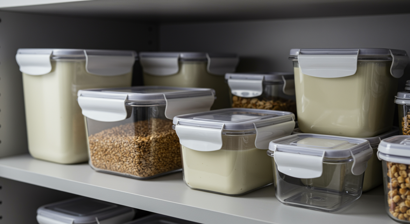 Sealed food containers and a clean pantry shelf, symbolizing preventive measures against cockroach re-infestation.