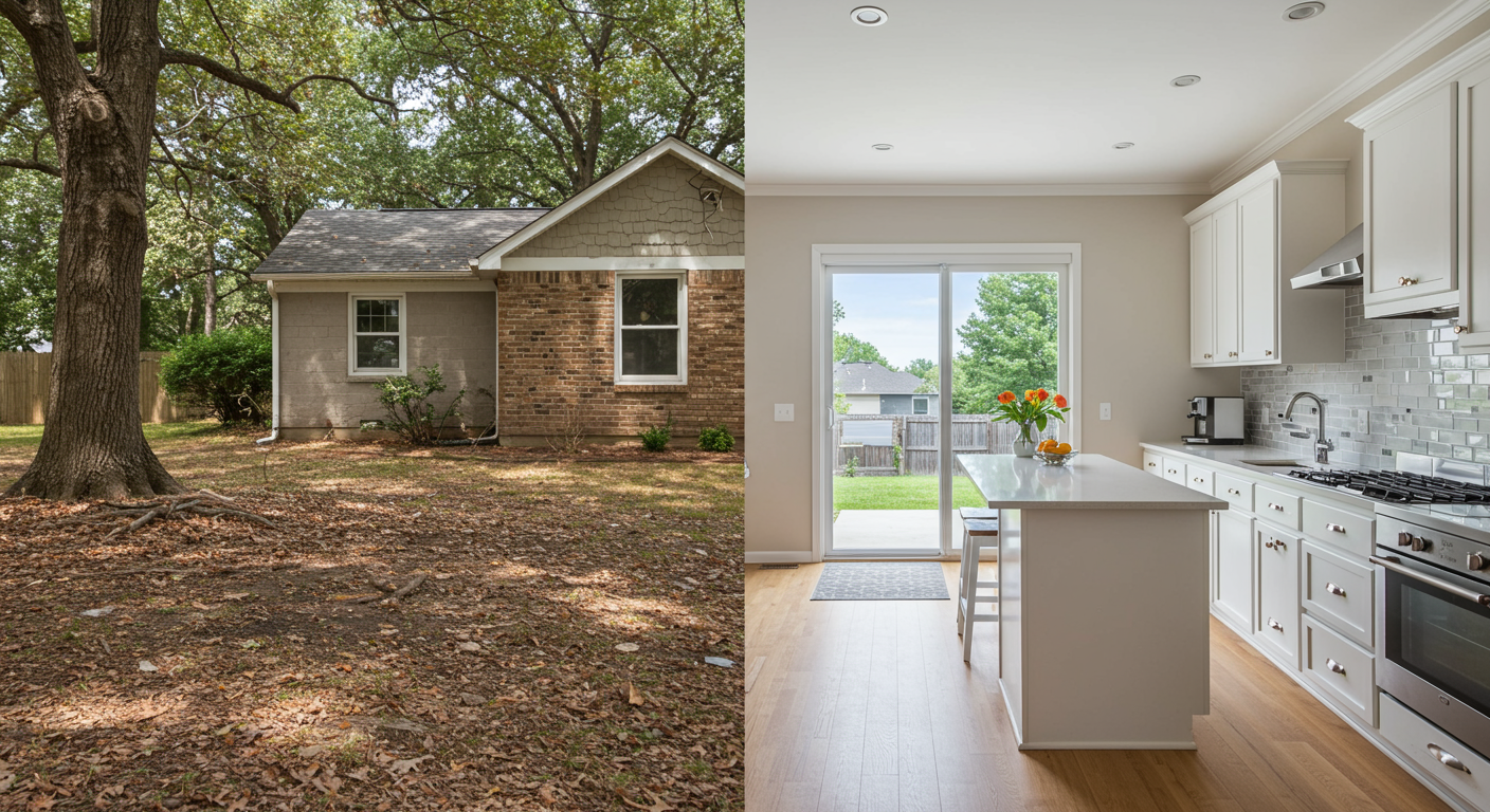 A split image showing a home before and after pest control treatment. The left side shows signs of pest activity, while the right side shows a clean and pest-free environment.