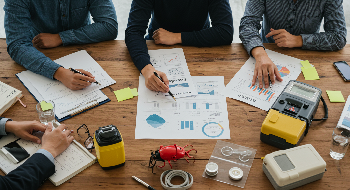 A diverse group of business professionals engaged in a discussion around a table filled with pest control equipment and financial documents. They are brainstorming ideas for the business's future.
