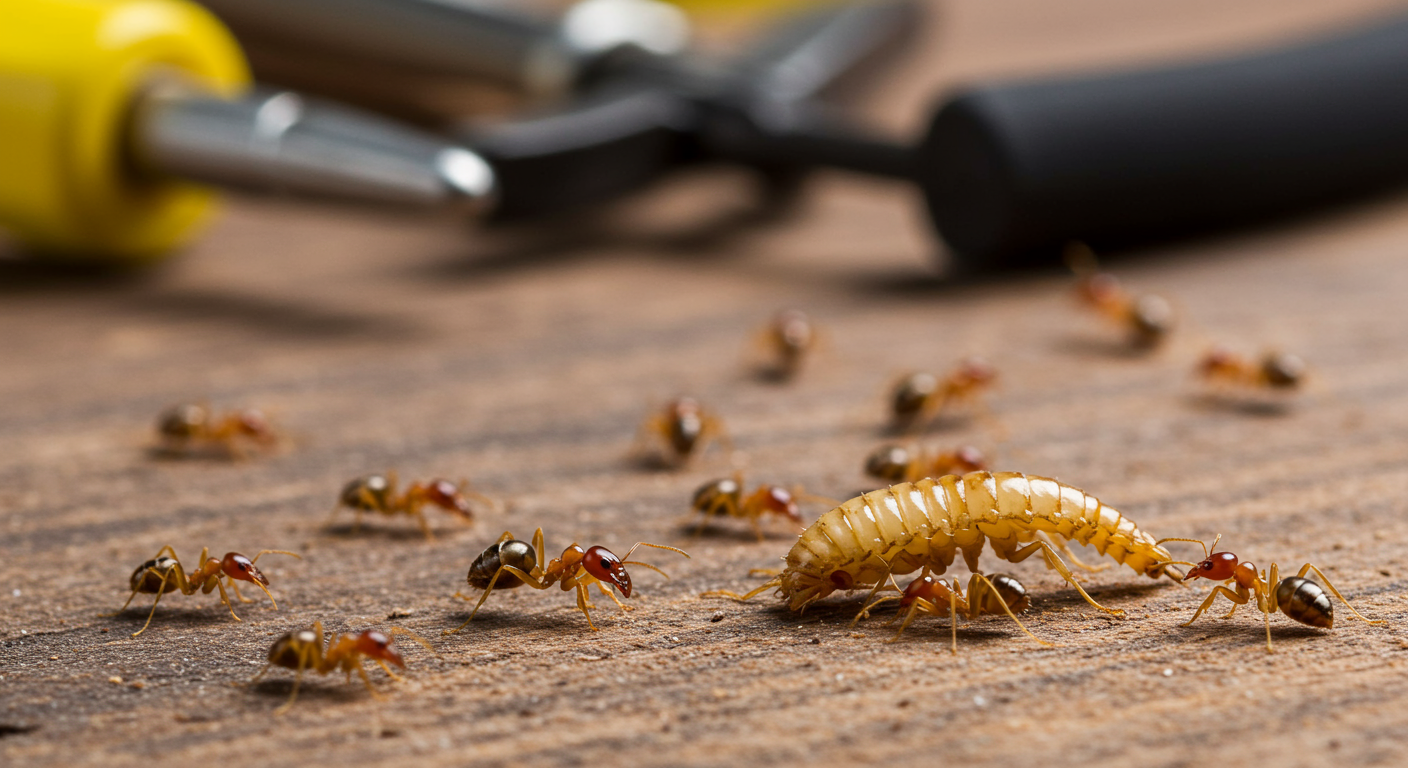 A detailed view of common pests (like ants and termites) on a wooden surface, with a pest control technician's tools in the background.