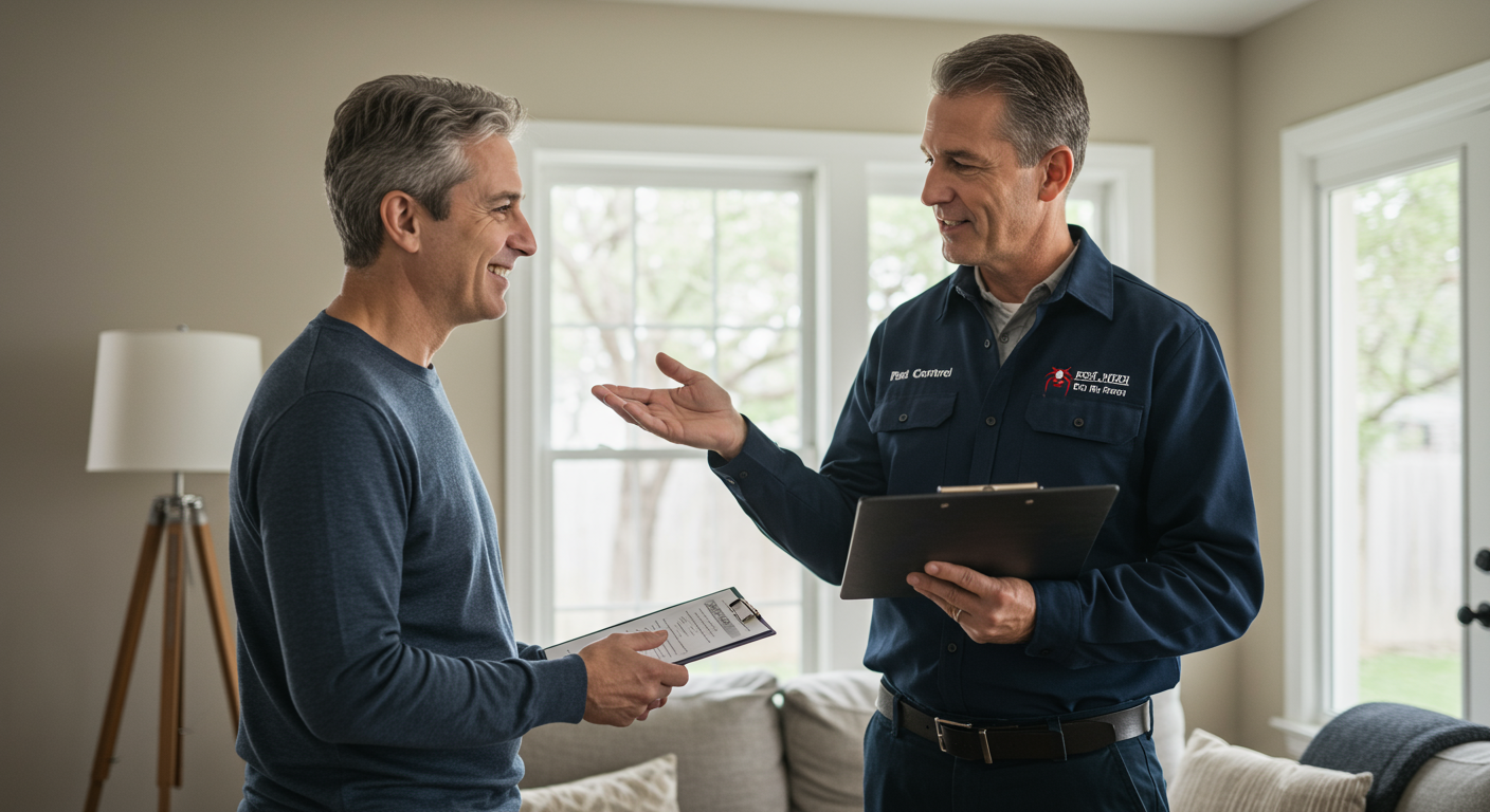 A pest control representative discussing services and pricing with a homeowner, emphasizing customer service and engagement.