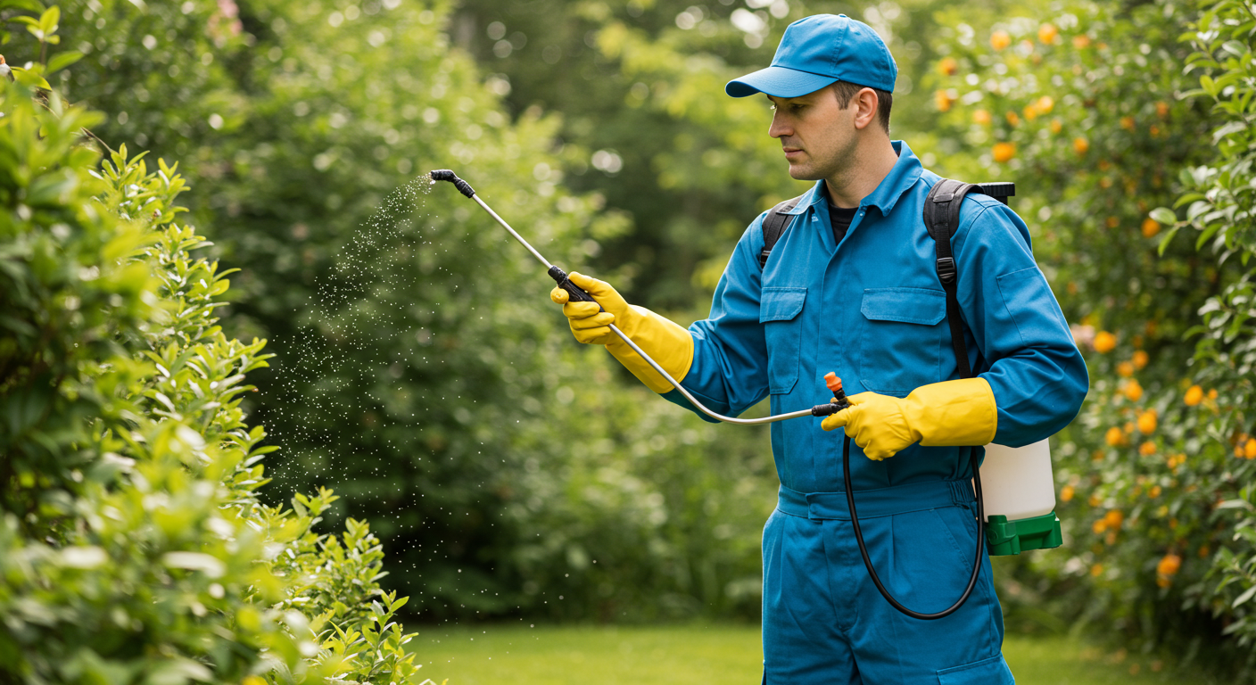 A professional pest control technician in uniform applying eco-friendly pest spray in a lush garden setting, showcasing the balance between effective pest control and environmental care.
