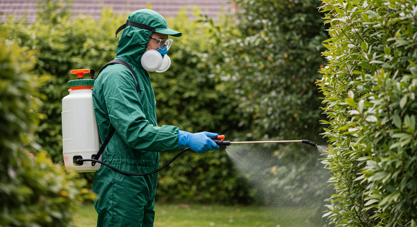 A pest control technician applying eco-friendly pest prevention solutions in a residential garden. The technician is wearing protective gear and using a sprayer with natural products.