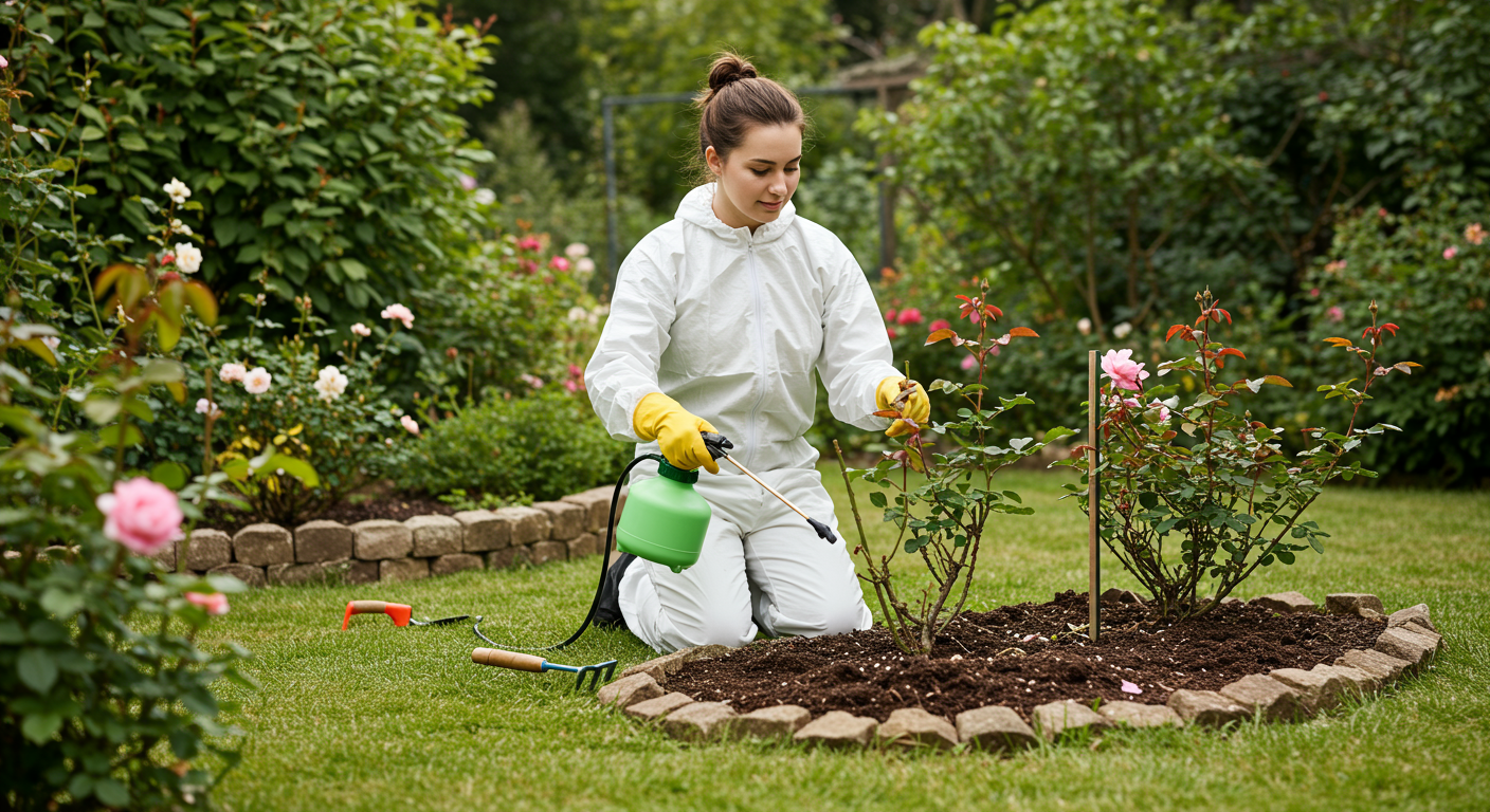 A serene outdoor scene featuring a well-kept garden with a pest control technician applying eco-friendly treatment to the soil.