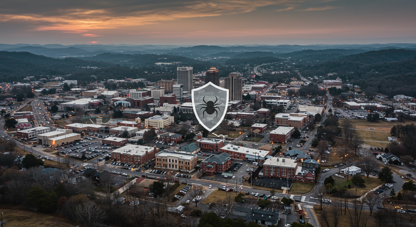 A scenic view of Macon, GA, featuring local landmarks with a subtle overlay of pest control elements like a shield symbolizing protection against pests.