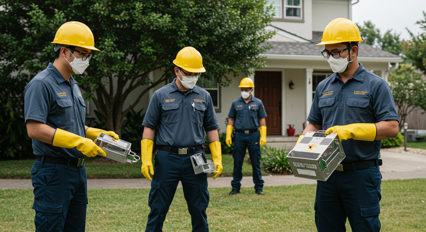 A dynamic scene showing a pest control team actively setting traps in a residential area, emphasizing teamwork and professionalism in pest management.