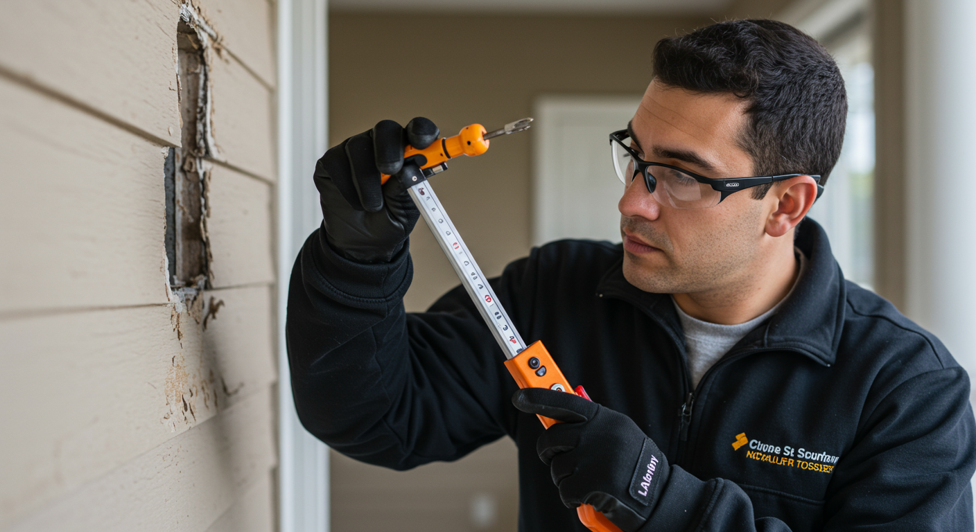 A professional pest control technician inspecting a home for termite damage, using specialized tools. The technician is focused and engaged, showcasing expertise and diligence.