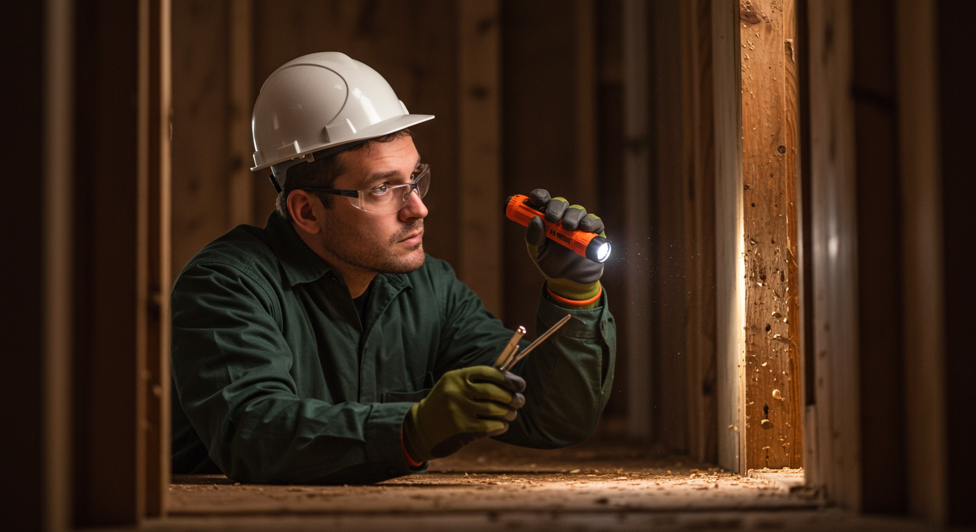 A professional exterminator inspecting a home for termite damage, using a flashlight and tools. The focus is on the exterminator examining wooden structures.