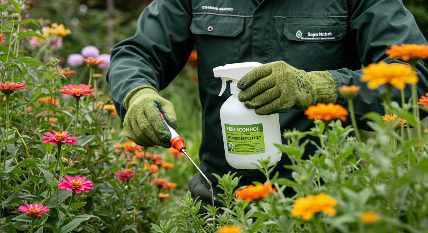 A close-up of a pest control technician applying a natural pest repellent in a garden filled with vibrant flowers and greenery. The technician is wearing eco-friendly gear, showcasing a commitment to sustainable practices.