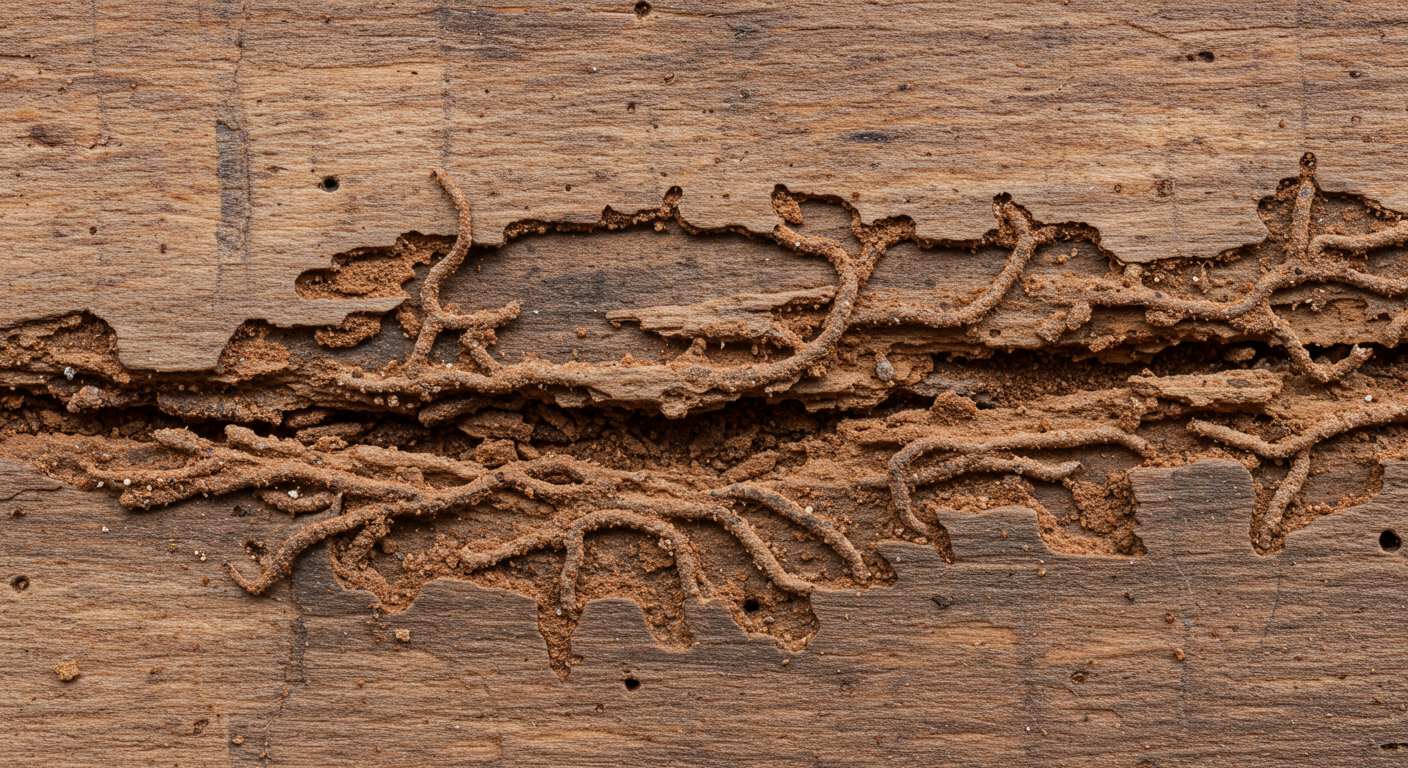 A close-up shot of damaged wood showing clear signs of termite activity, such as tunnels and frass.